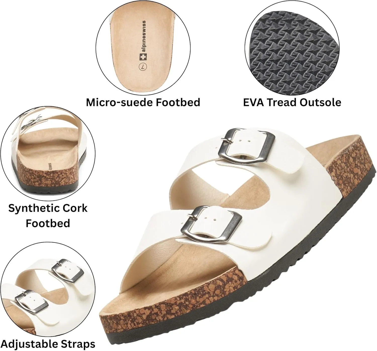 Alpine Swiss Womens Double Strap Contour Sandals | Adjustable Buckle Slides | Vegan Leather Footbed Sandals | Ergonomic Cork-Inspired Sole | Casual Summer Footwear Slip On Slides with Buckles