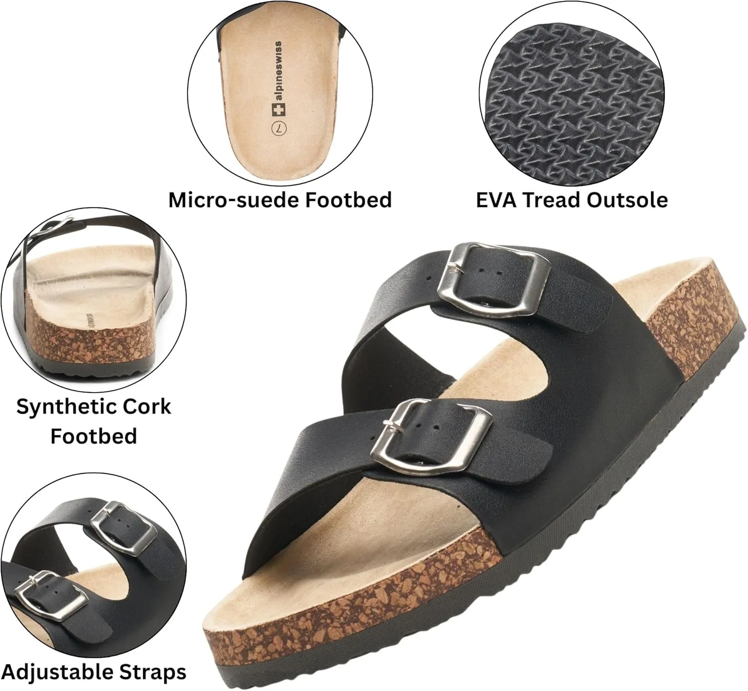 Alpine Swiss Womens Double Strap Contour Sandals | Adjustable Buckle Slides | Vegan Leather Footbed Sandals | Ergonomic Cork-Inspired Sole | Casual Summer Footwear Slip On Slides with Buckles