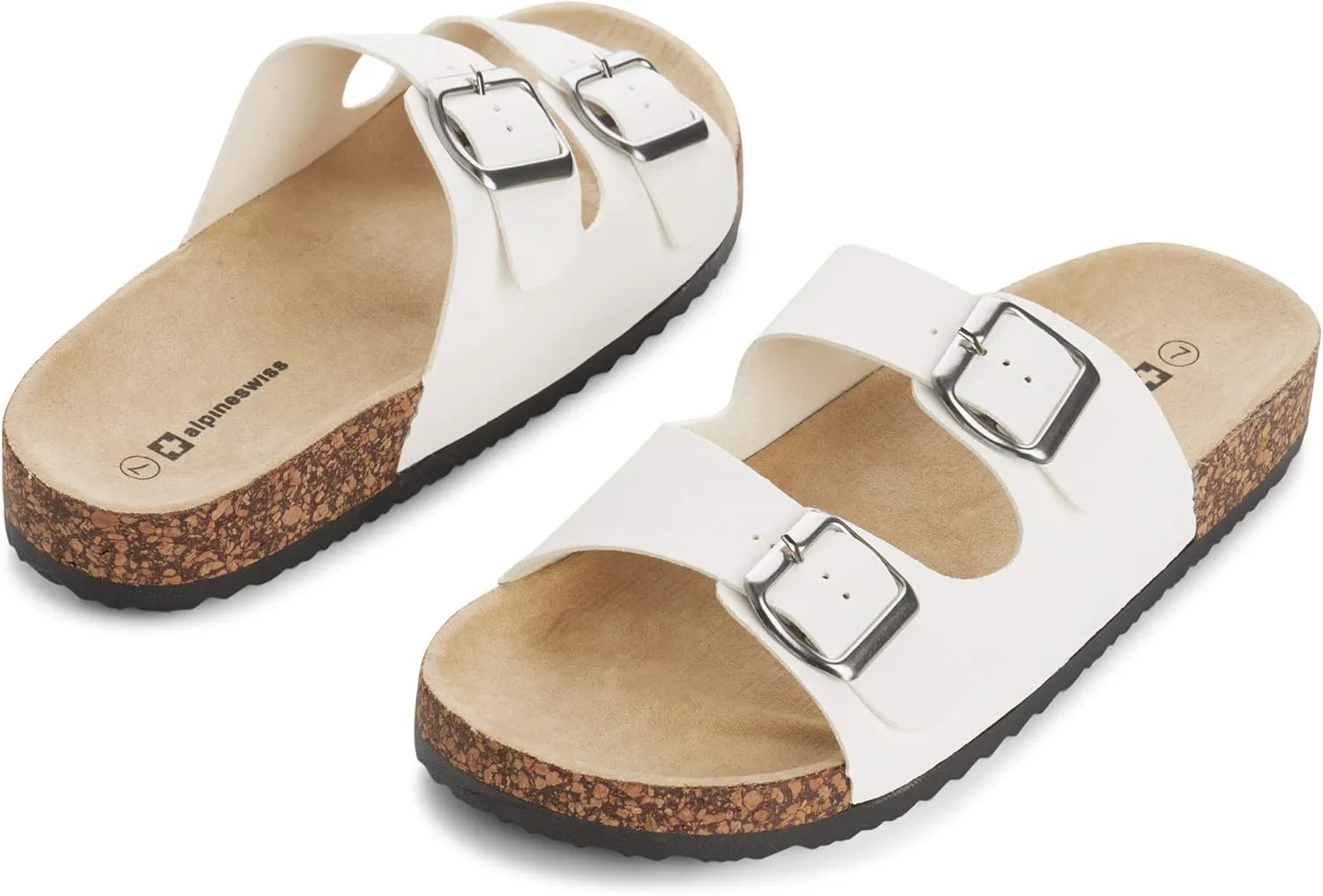 Alpine Swiss Womens Double Strap Contour Sandals | Adjustable Buckle Slides | Vegan Leather Footbed Sandals | Ergonomic Cork-Inspired Sole | Casual Summer Footwear Slip On Slides with Buckles