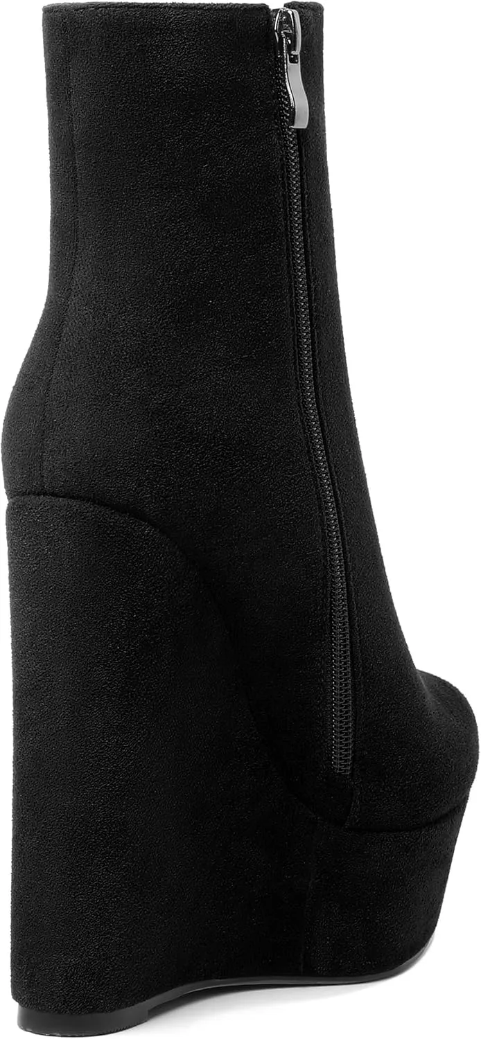 AMBELIGHT Womens Night Club Suede Round Toe Fashion Booties Platform Zip Wedge High Heel Ankle High Boots 6 Inch