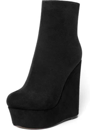 AMBELIGHT Womens Night Club Suede Round Toe Fashion Booties Platform Zip Wedge High Heel Ankle High Boots 6 Inch