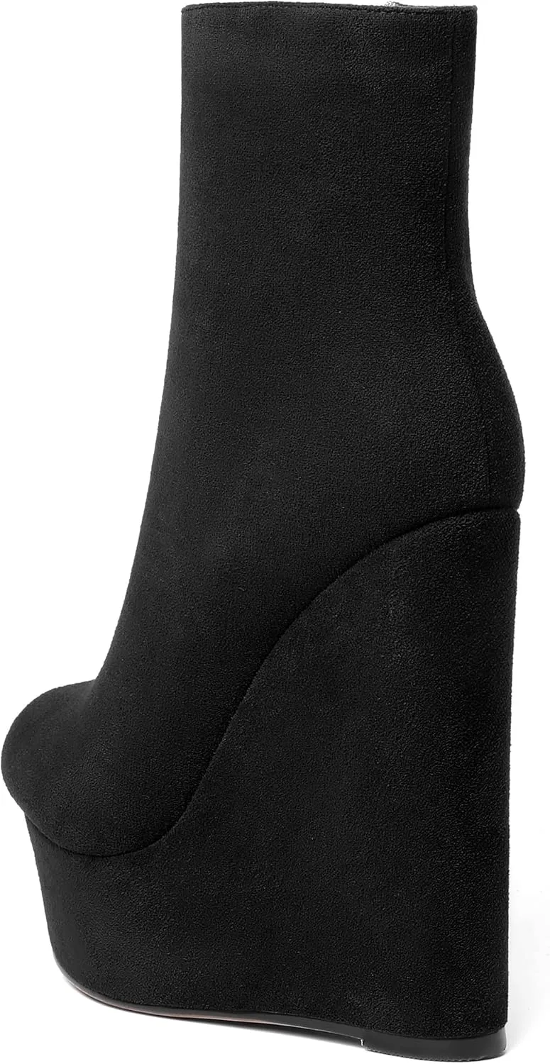 AMBELIGHT Womens Night Club Suede Round Toe Fashion Booties Platform Zip Wedge High Heel Ankle High Boots 6 Inch