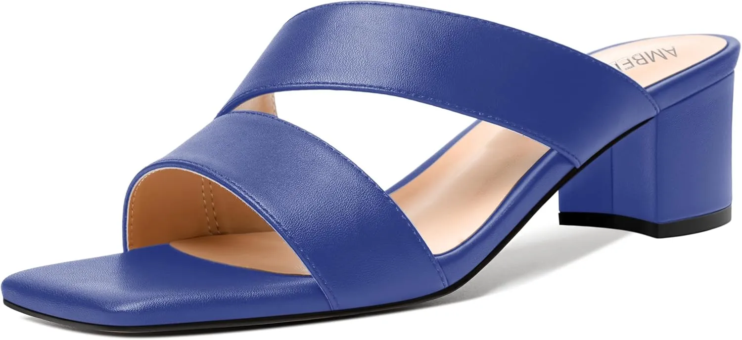 AMBELIGHT Womens Square Toe Slip On Solid Dress Matte Night Club Chunky Low Heel Sandals 2 Inch