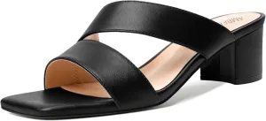 AMBELIGHT Womens Square Toe Slip On Solid Dress Matte Night Club Chunky Low Heel Sandals 2 Inch
