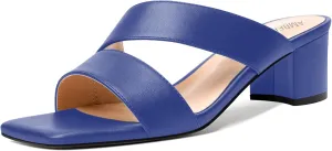 AMBELIGHT Womens Square Toe Slip On Solid Dress Matte Night Club Chunky Low Heel Sandals 2 Inch