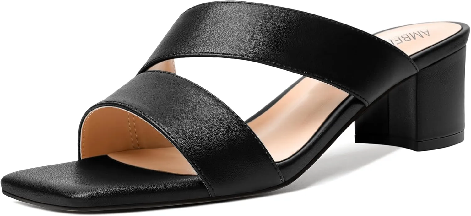 AMBELIGHT Womens Square Toe Slip On Solid Dress Matte Night Club Chunky Low Heel Sandals 2 Inch