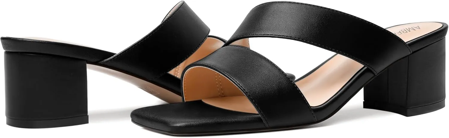AMBELIGHT Womens Square Toe Slip On Solid Dress Matte Night Club Chunky Low Heel Sandals 2 Inch