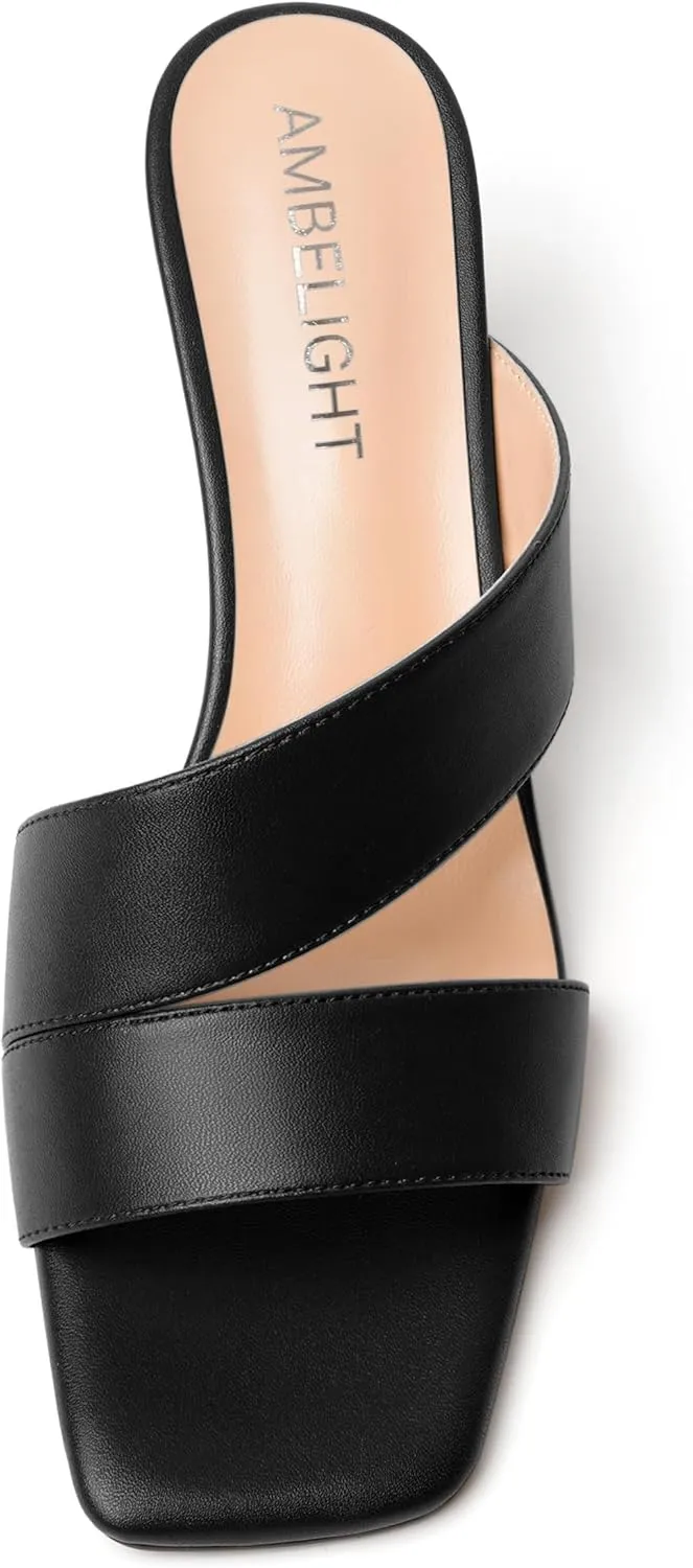 AMBELIGHT Womens Square Toe Slip On Solid Dress Matte Night Club Chunky Low Heel Sandals 2 Inch