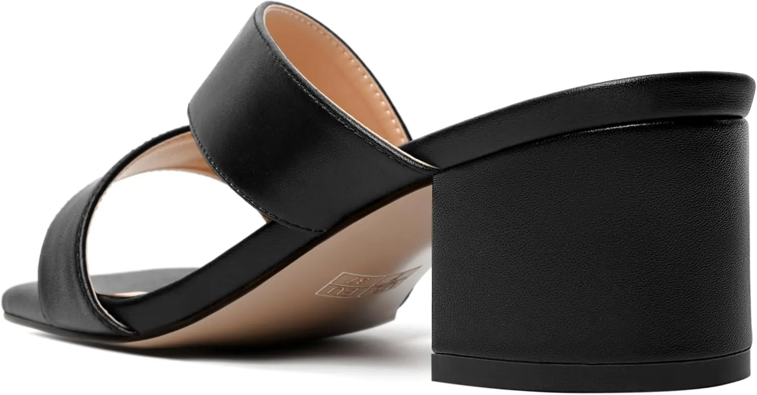 AMBELIGHT Womens Square Toe Slip On Solid Dress Matte Night Club Chunky Low Heel Sandals 2 Inch