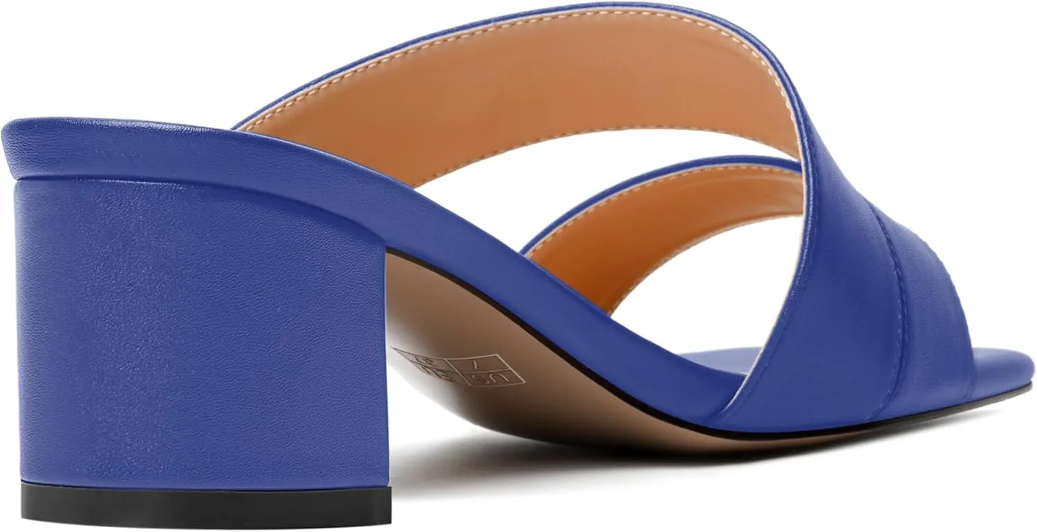 AMBELIGHT Womens Square Toe Slip On Solid Dress Matte Night Club Chunky Low Heel Sandals 2 Inch