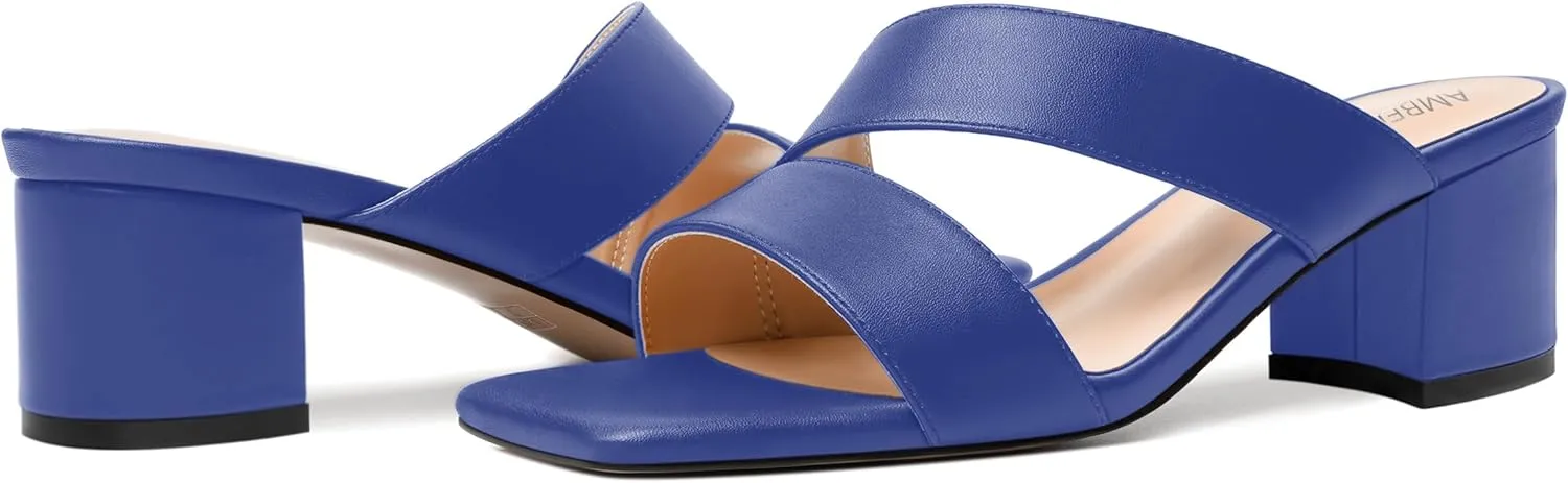 AMBELIGHT Womens Square Toe Slip On Solid Dress Matte Night Club Chunky Low Heel Sandals 2 Inch