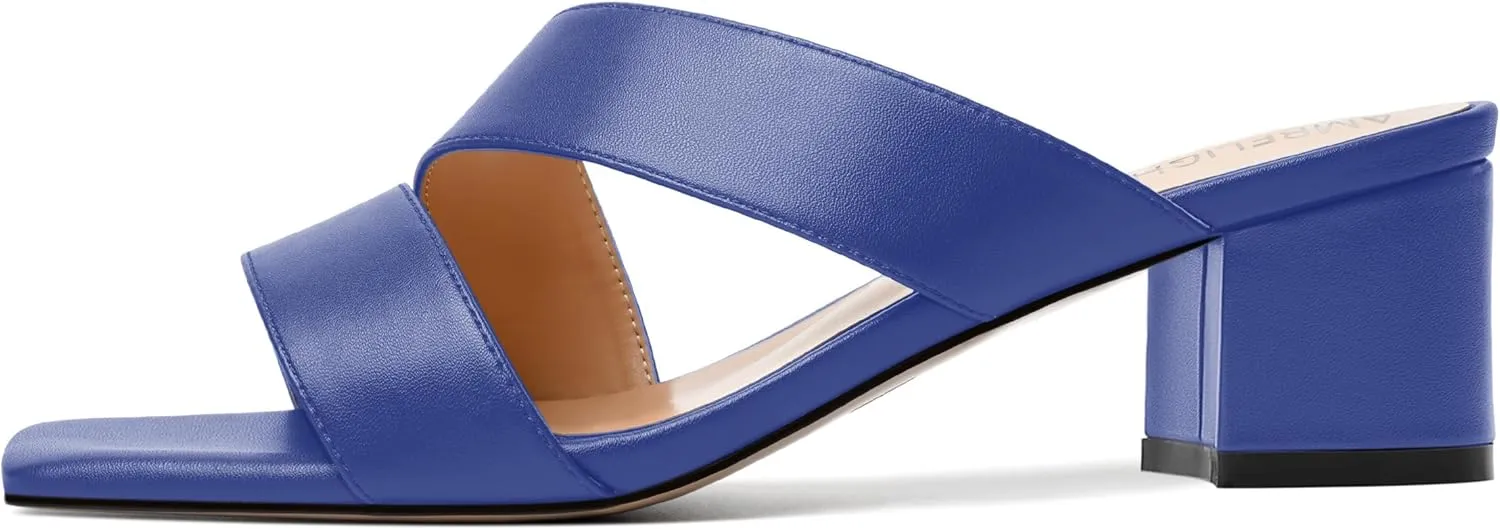 AMBELIGHT Womens Square Toe Slip On Solid Dress Matte Night Club Chunky Low Heel Sandals 2 Inch