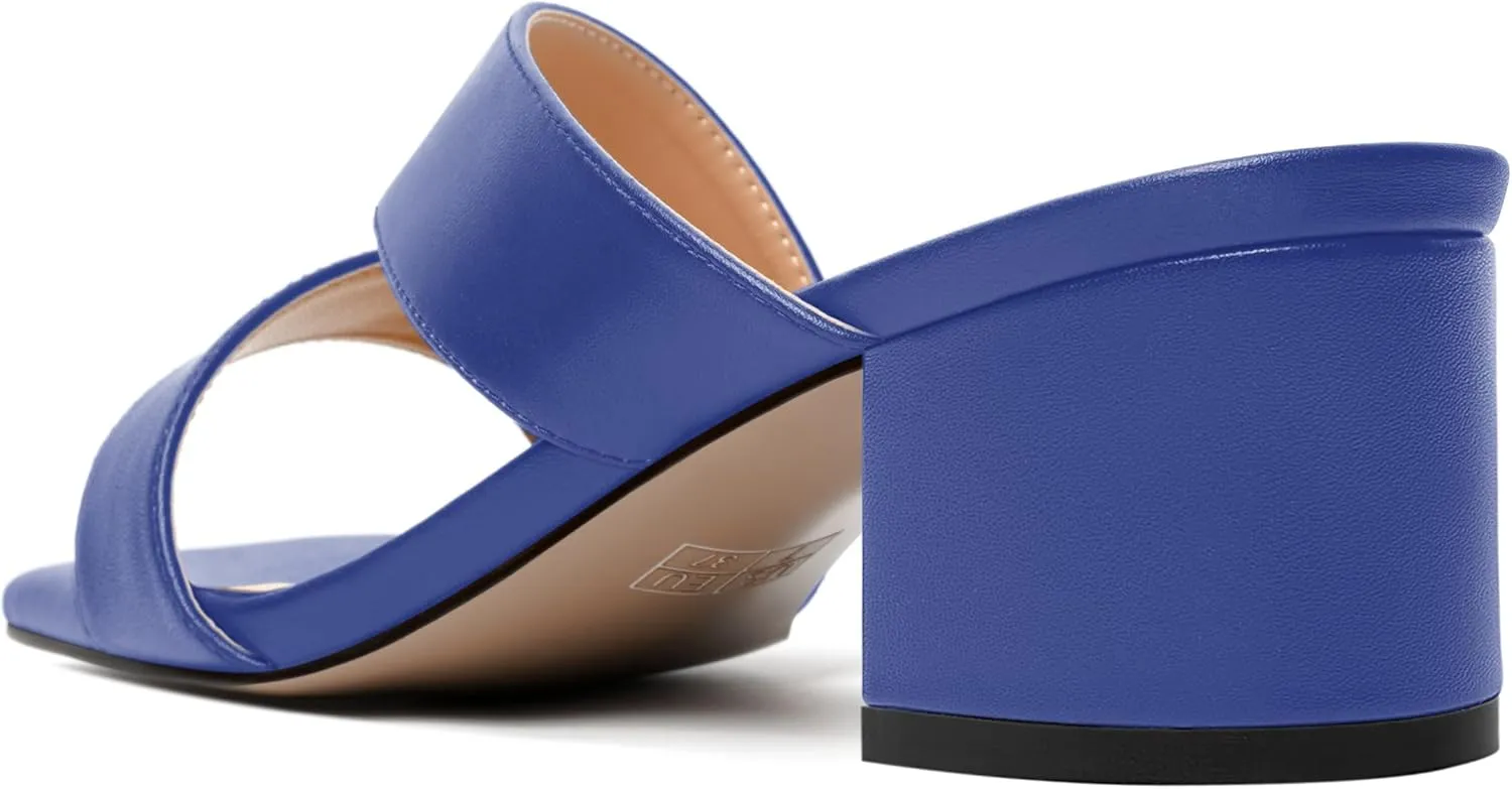AMBELIGHT Womens Square Toe Slip On Solid Dress Matte Night Club Chunky Low Heel Sandals 2 Inch