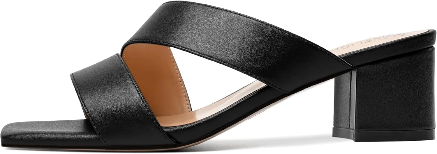 AMBELIGHT Womens Square Toe Slip On Solid Dress Matte Night Club Chunky Low Heel Sandals 2 Inch