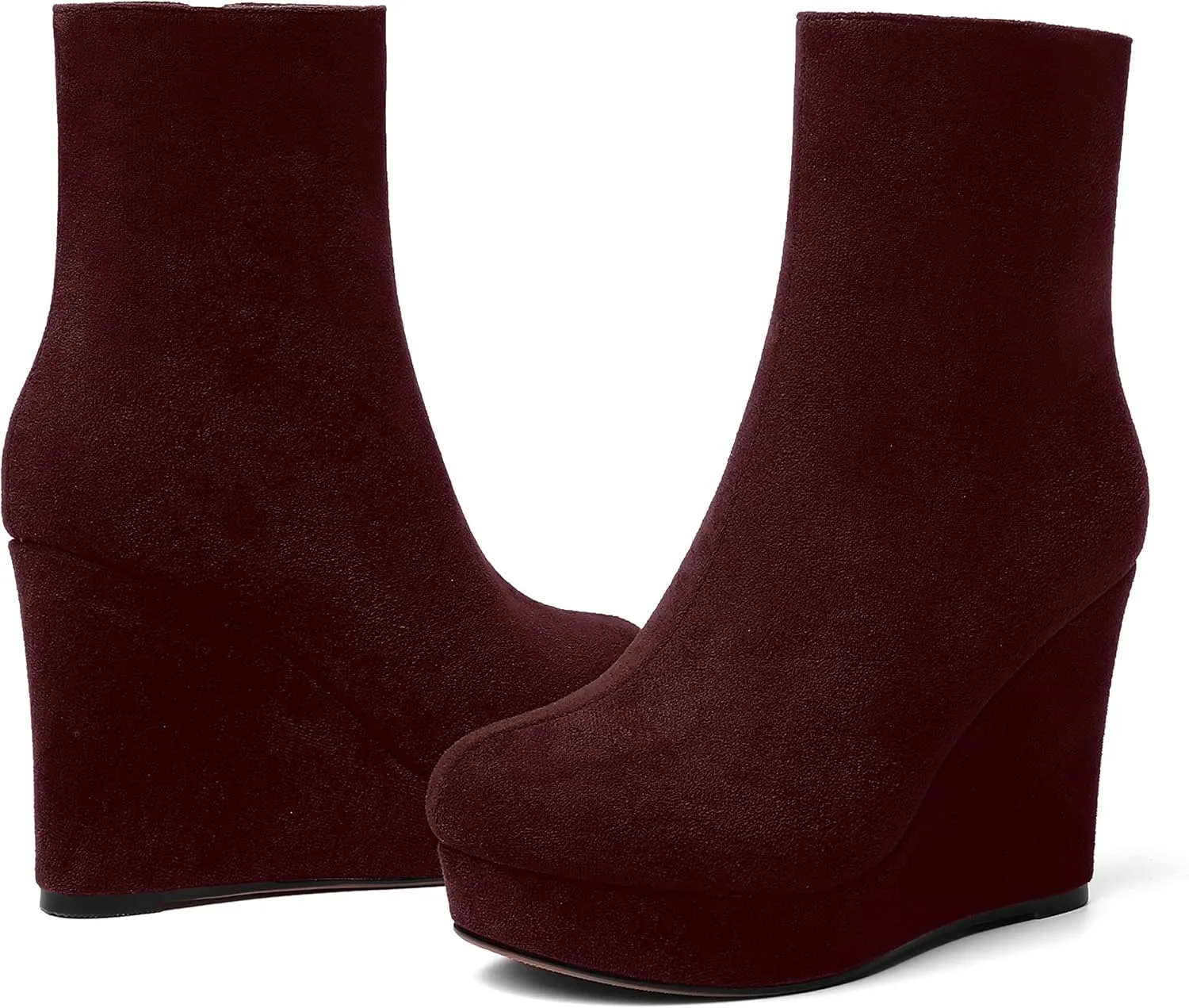 AMBELIGHT Womens Suede Round Toe Wedge Boots Night Club Zip Fashion Platform Wedge High Heel Ankle High Boots 4 Inch