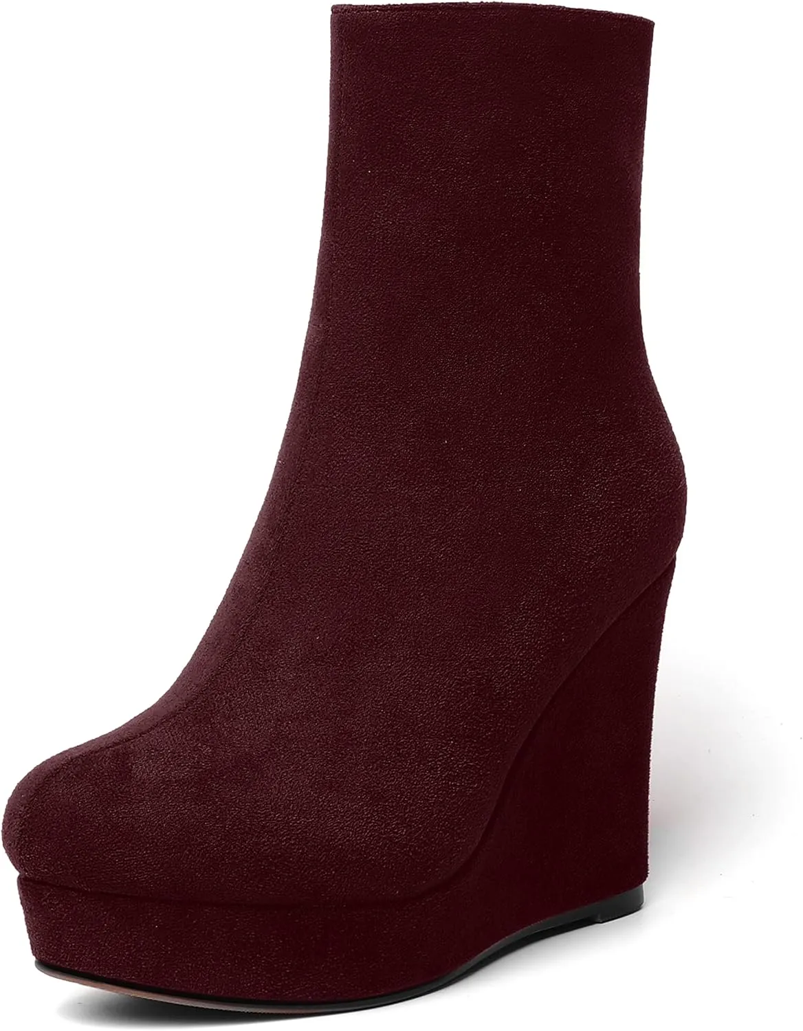 AMBELIGHT Womens Suede Round Toe Wedge Boots Night Club Zip Fashion Platform Wedge High Heel Ankle High Boots 4 Inch