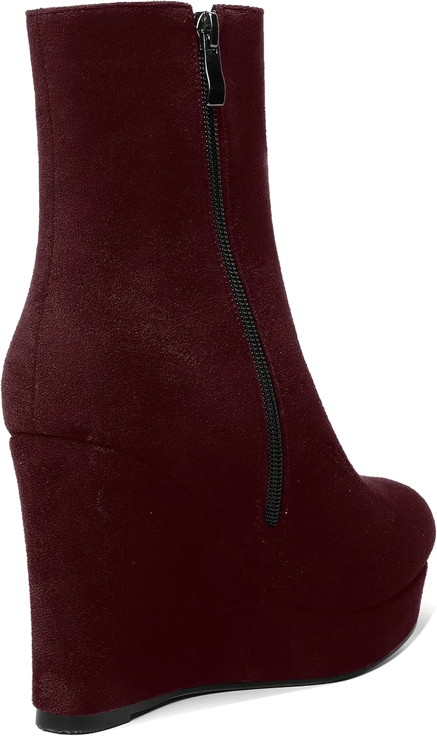 AMBELIGHT Womens Suede Round Toe Wedge Boots Night Club Zip Fashion Platform Wedge High Heel Ankle High Boots 4 Inch
