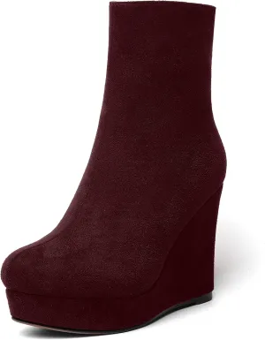 AMBELIGHT Womens Suede Round Toe Wedge Boots Night Club Zip Fashion Platform Wedge High Heel Ankle High Boots 4 Inch