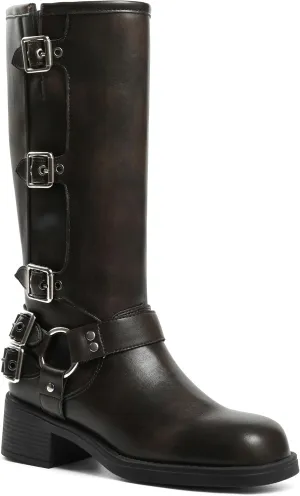 AMINUGAL Knee High Boots Women Square Toe Pull On Wide Calf Riding Fashion Buckles Chunky Metallic Casual Vintage Buckle Rivet