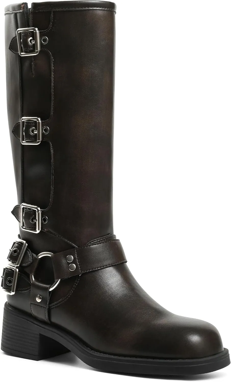AMINUGAL Knee High Boots Women Square Toe Pull On Wide Calf Riding Fashion Buckles Chunky Metallic Casual Vintage Buckle Rivet