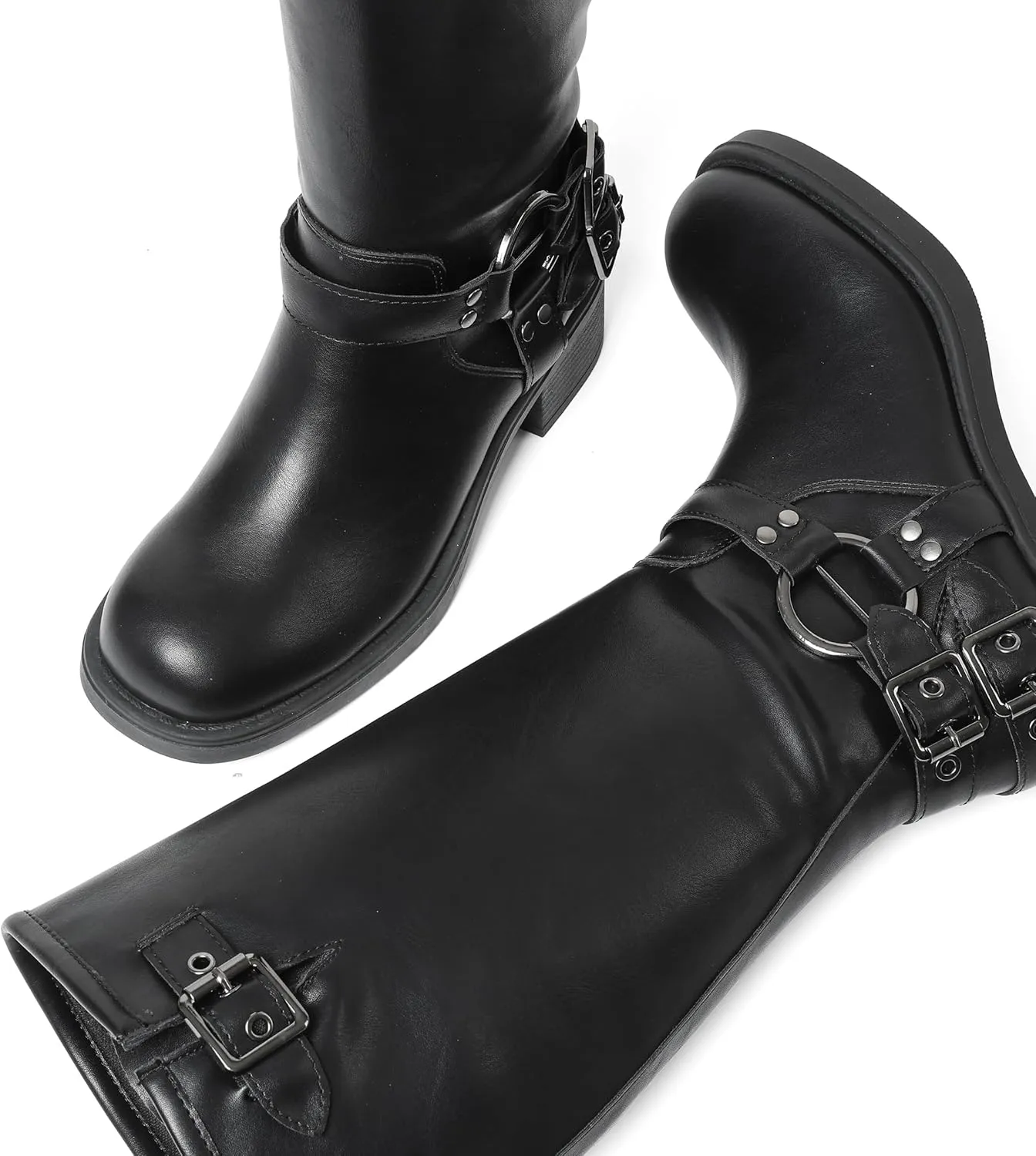 AMINUGAL Knee High Boots Women Square Toe Pull On Wide Calf Riding Fashion Buckles Chunky Metallic Casual Vintage Buckle Rivet