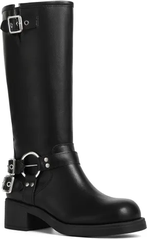AMINUGAL Knee High Boots Women Square Toe Pull On Wide Calf Riding Fashion Buckles Chunky Metallic Casual Vintage Buckle Rivet
