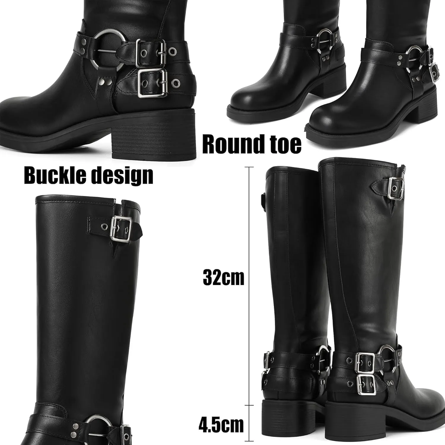 AMINUGAL Knee High Boots Women Square Toe Pull On Wide Calf Riding Fashion Buckles Chunky Metallic Casual Vintage Buckle Rivet