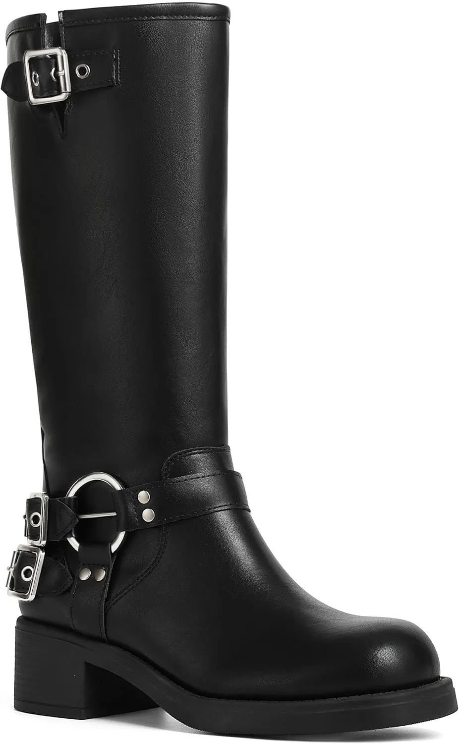 AMINUGAL Knee High Boots Women Square Toe Pull On Wide Calf Riding Fashion Buckles Chunky Metallic Casual Vintage Buckle Rivet
