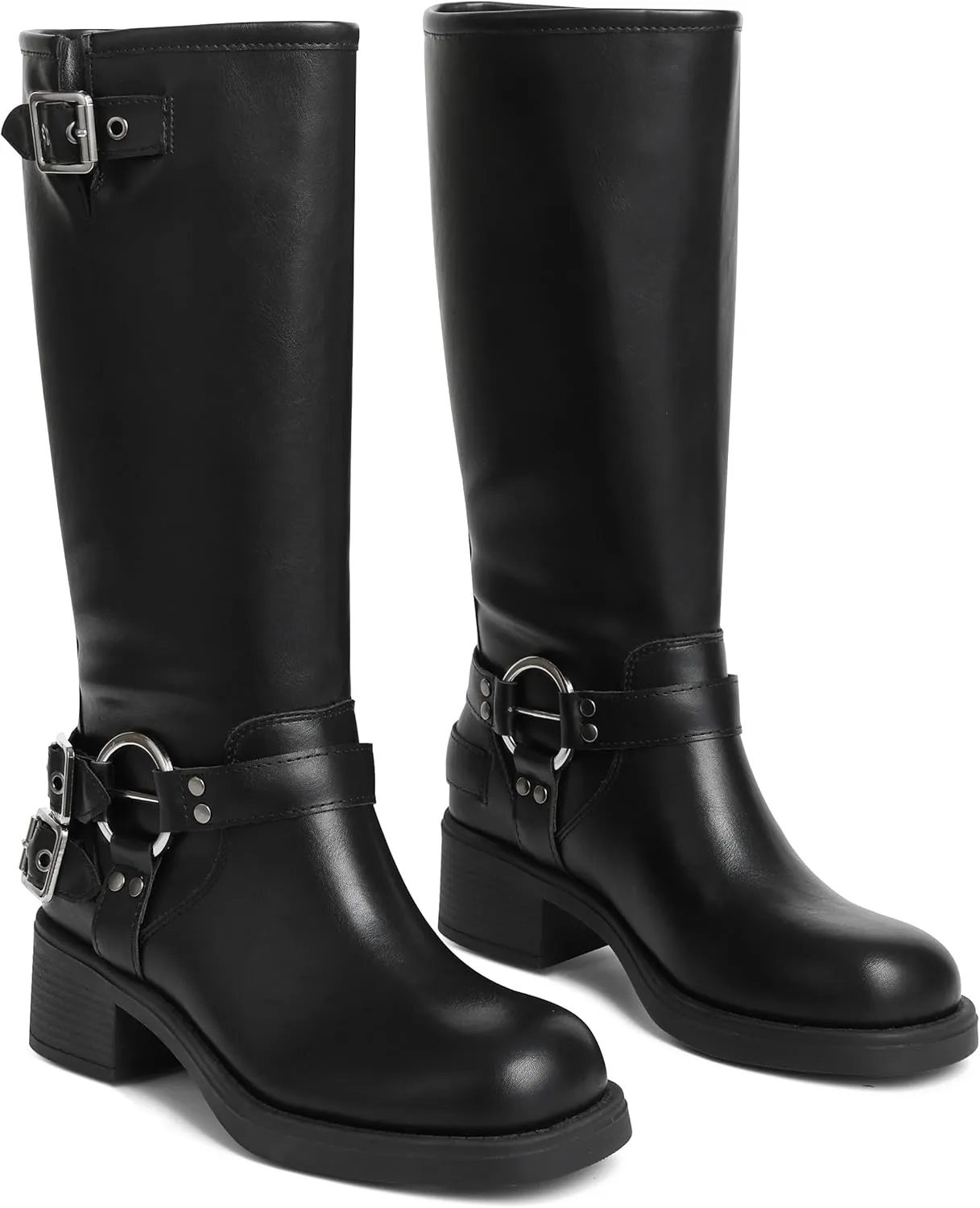 AMINUGAL Knee High Boots Women Square Toe Pull On Wide Calf Riding Fashion Buckles Chunky Metallic Casual Vintage Buckle Rivet