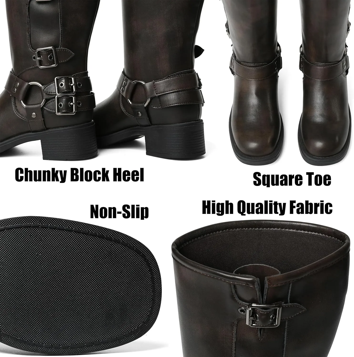 AMINUGAL Knee High Boots Women Square Toe Pull On Wide Calf Riding Fashion Buckles Chunky Metallic Casual Vintage Buckle Rivet
