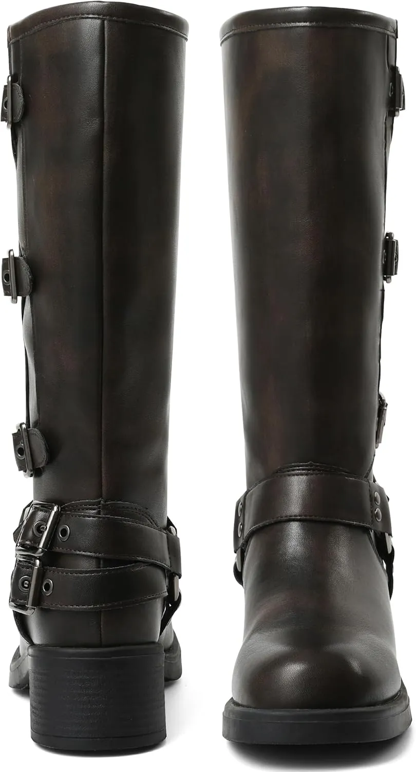 AMINUGAL Knee High Boots Women Square Toe Pull On Wide Calf Riding Fashion Buckles Chunky Metallic Casual Vintage Buckle Rivet