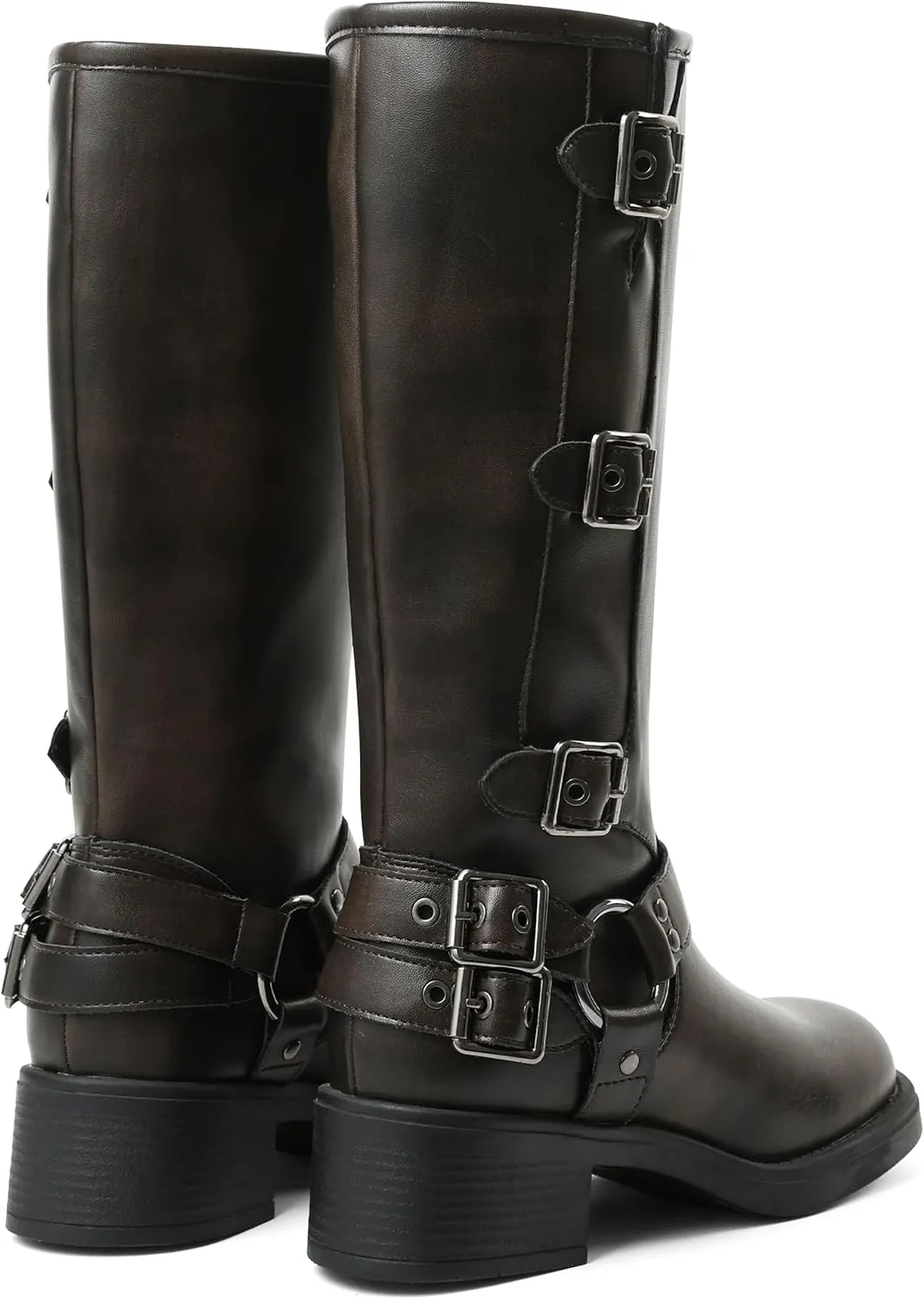 AMINUGAL Knee High Boots Women Square Toe Pull On Wide Calf Riding Fashion Buckles Chunky Metallic Casual Vintage Buckle Rivet