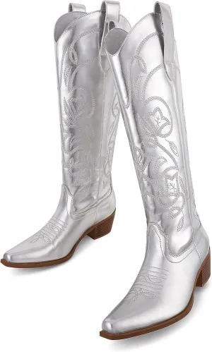 AMINUGAL Women's Western Knee High Cowgirl Boots, Black, Pull-On, Chunky Heel, Embroidered, Metallic Fabric, Leather Sole, 13.77 inches, US Women's Size