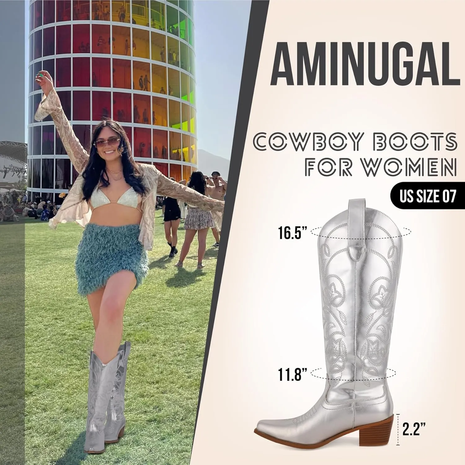 AMINUGAL Women's Western Knee High Cowgirl Boots, Black, Pull-On, Chunky Heel, Embroidered, Metallic Fabric, Leather Sole, 13.77 inches, US Women's Size