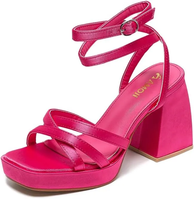 Amoji Women's 4 Inch Platform Chunky Heel Strappy Ankle Strap Block Heeled Sandals 305