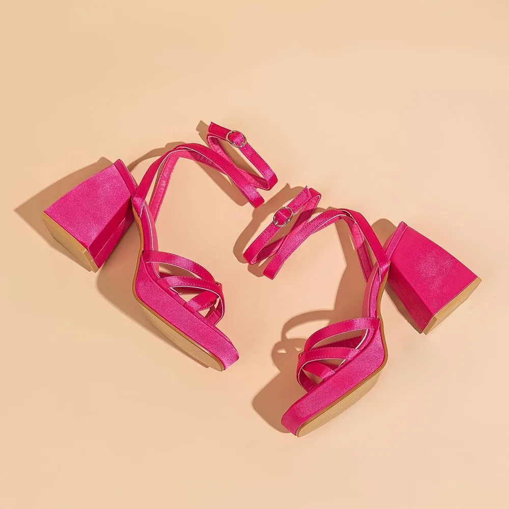 Amoji Women's 4 Inch Platform Chunky Heel Strappy Ankle Strap Block Heeled Sandals 305
