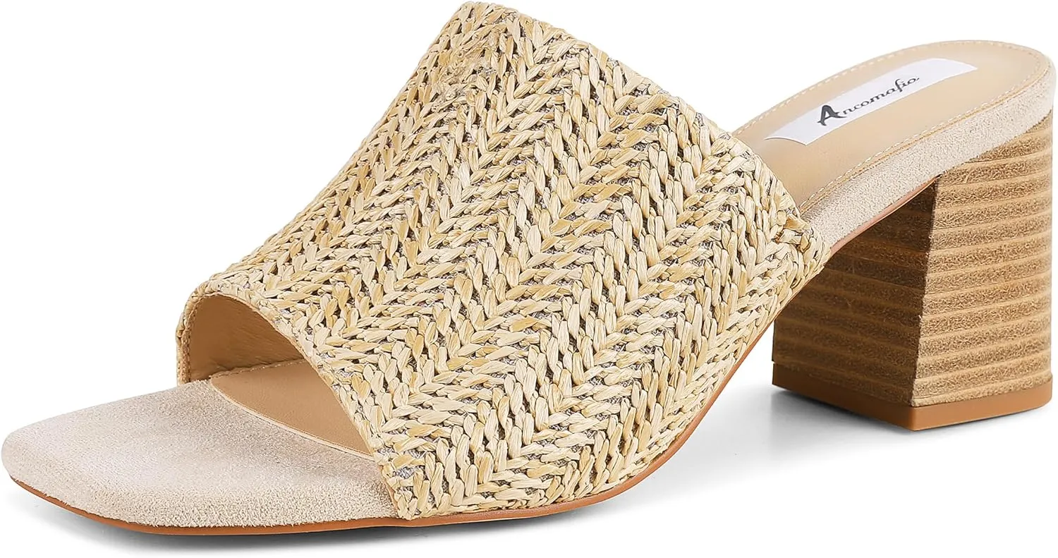 Ancomafio Heeled Sandals for Women，Raffia Sandals 2025 Chunky Heels Square Toe Mules Block Summer Shoes Slip On
