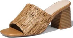 Ancomafio Heeled Sandals for Women，Raffia Sandals 2025 Chunky Heels Square Toe Mules Block Summer Shoes Slip On