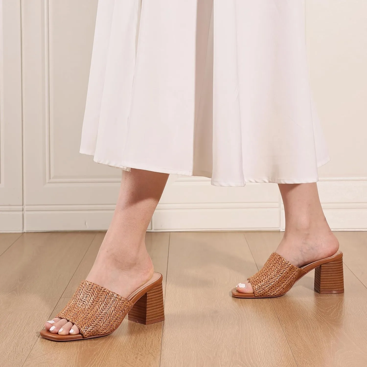 Ancomafio Heeled Sandals for Women，Raffia Sandals 2025 Chunky Heels Square Toe Mules Block Summer Shoes Slip On