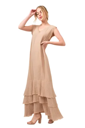 And The Why Washed Cotton Gauze Fringe Detail Tiered Dress