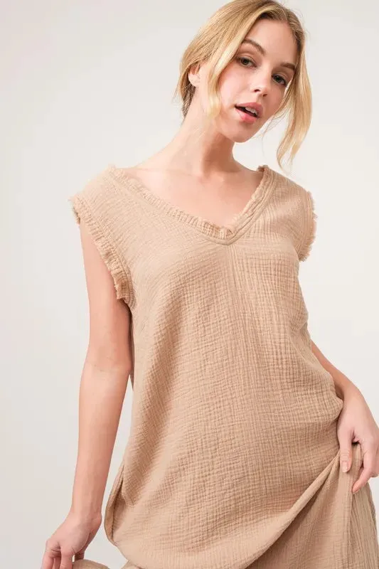 And The Why Washed Cotton Gauze Fringe Detail Tiered Dress