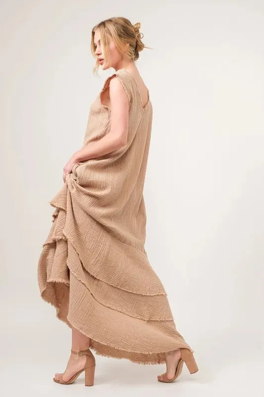 And The Why Washed Cotton Gauze Fringe Detail Tiered Dress