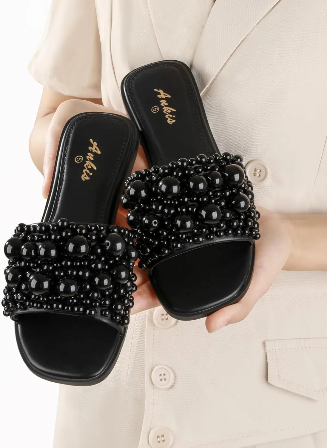 Ankis Black White Sandals Women Flat Sandals Comfortable Womens Slide Sandals Fashion Flat Sandals for Women 2025 Summer