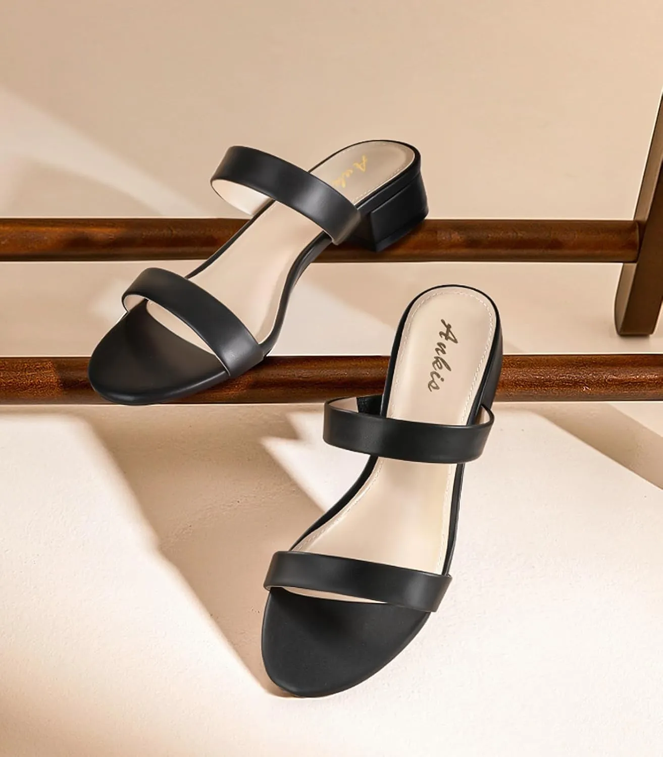Ankis Women Black White Nude Clear Heels Sandals - 1 Inch Heels for Women Low Chunky Block Heels Comfortable Two Strap Open Toe Flat Sandals Shoe for Dressy Wedding Summer