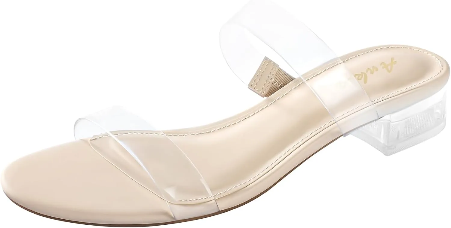 Ankis Women Black White Nude Clear Heels Sandals - 1 Inch Heels for Women Low Chunky Block Heels Comfortable Two Strap Open Toe Flat Sandals Shoe for Dressy Wedding Summer