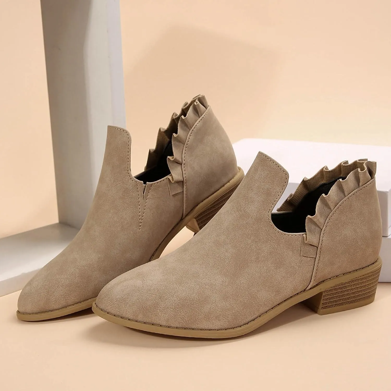 Ankle Boots for Women Chunky Stacked Low Heel Boots Fall Cutout Booties Causal Ruffle Slip On Dress Short Booties Shoes