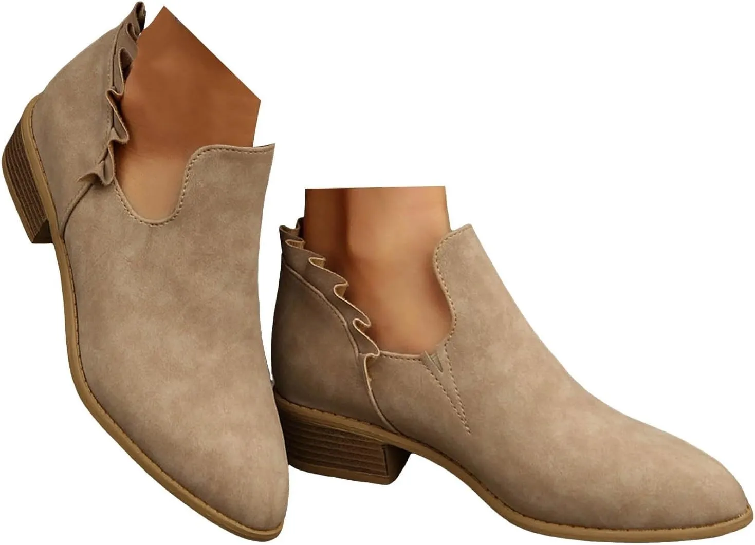 Ankle Boots for Women Chunky Stacked Low Heel Boots Fall Cutout Booties Causal Ruffle Slip On Dress Short Booties Shoes