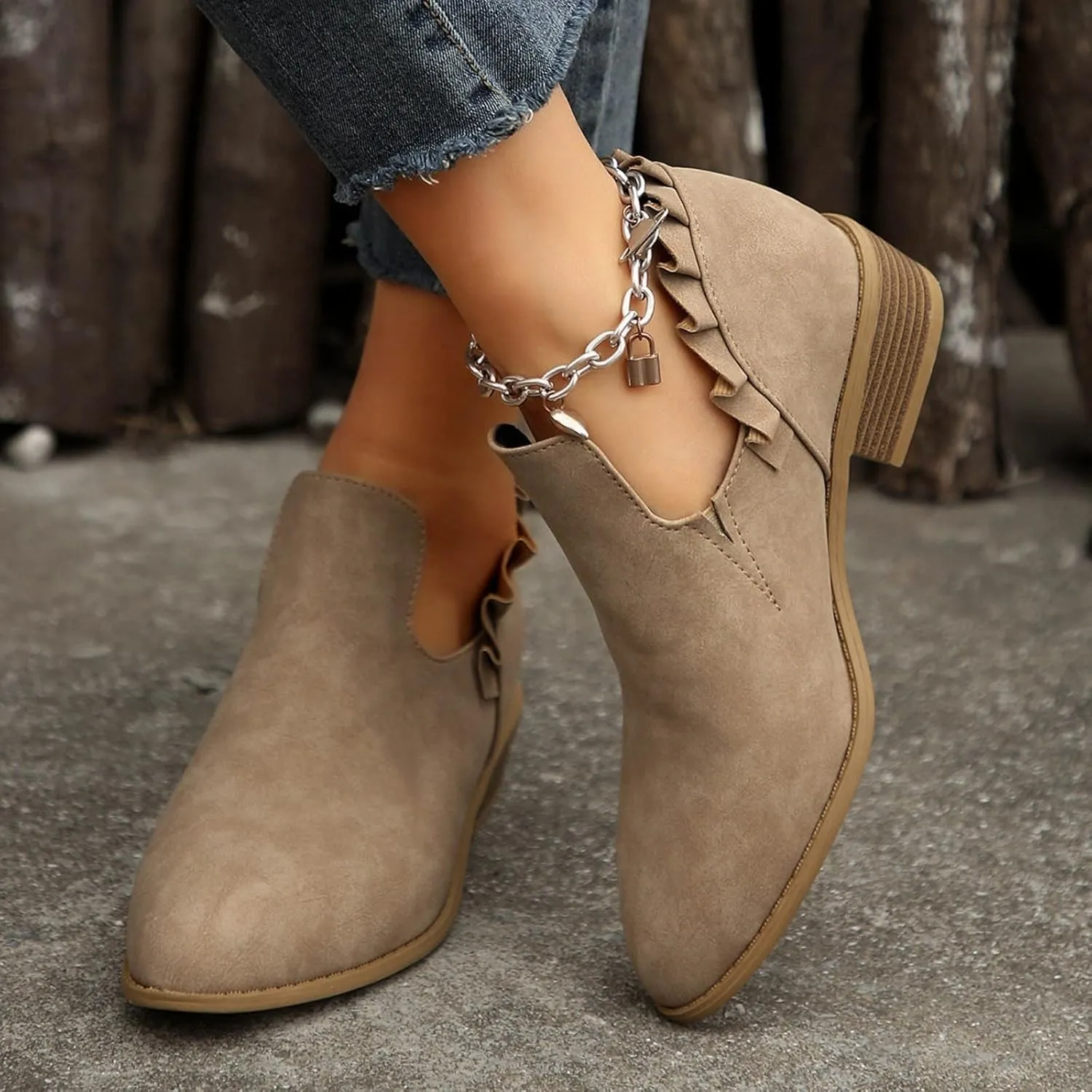 Ankle Boots for Women Chunky Stacked Low Heel Boots Fall Cutout Booties Causal Ruffle Slip On Dress Short Booties Shoes