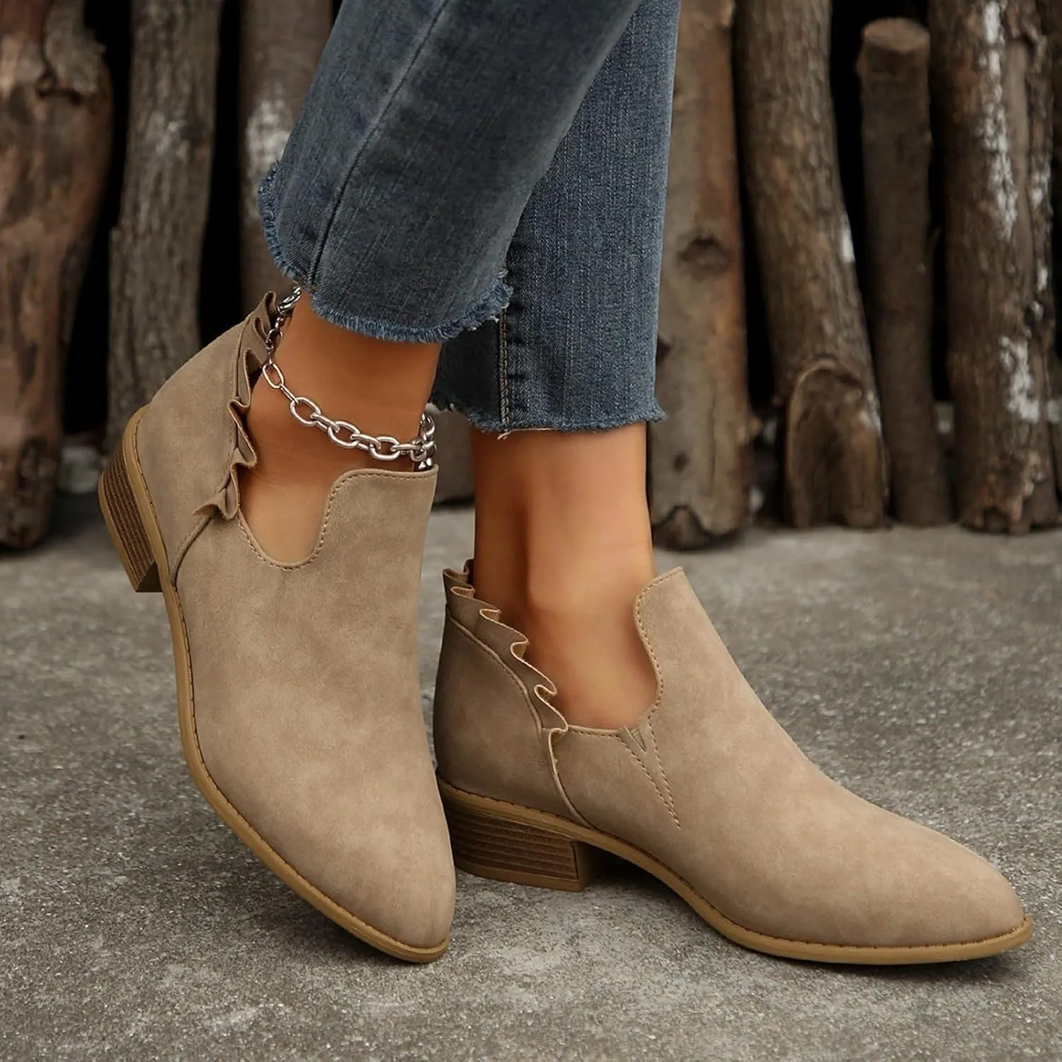 Ankle Boots for Women Chunky Stacked Low Heel Boots Fall Cutout Booties Causal Ruffle Slip On Dress Short Booties Shoes