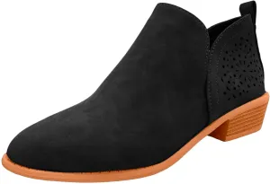 Ankle Boots for Women, Low Heel Cut Out Slip On Short Chunky Stacked Heel Perforated Side V Cut Casual Western Booties